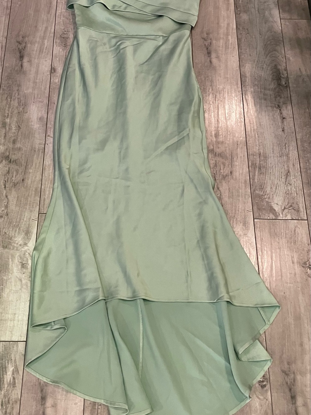 Sage Green Satin Strapless High-Low Maxi Dress – Size Small MOTF